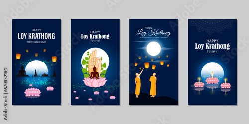 Vector illustration of Happy Loy Krathong social media feed set template