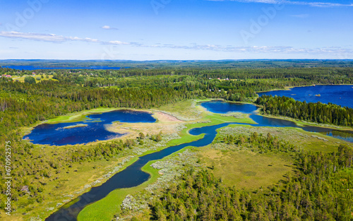 Aerial view of swedish landscape with lakes and forests during summer