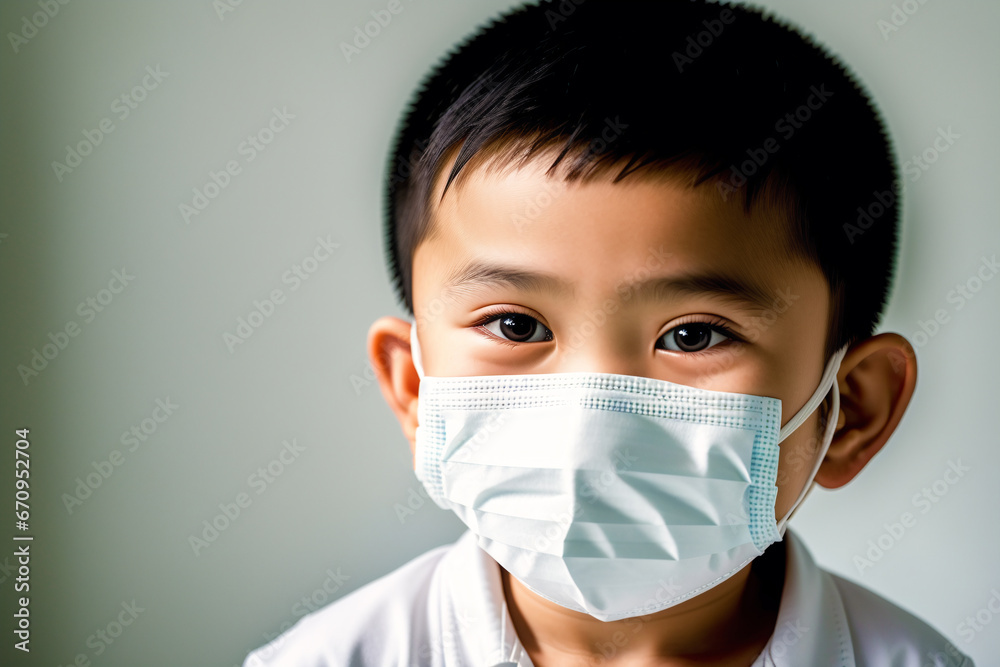 An asian boy wearing protective mask. COVID 19. Mask-Wearing with Confidence. Generative AI An asian boy wearing protective mask. COVID 19. Mask-Wearing with Confidence. Generative AI