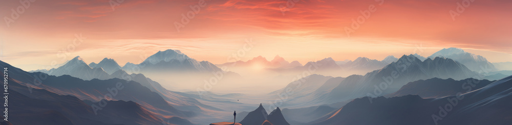 Banner of mountainous landscape with lone climber, underneath sunset, sky, and misty peaks
