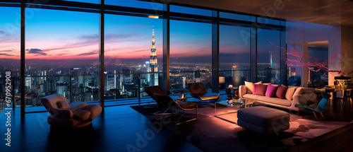 Modern luxury residence interior with panoramic night view, city at sunset