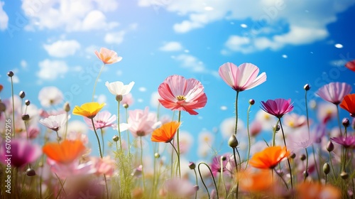 beautiful flowers bloom with blue sky in the spring field, soft focus © Crazy Dark Queen