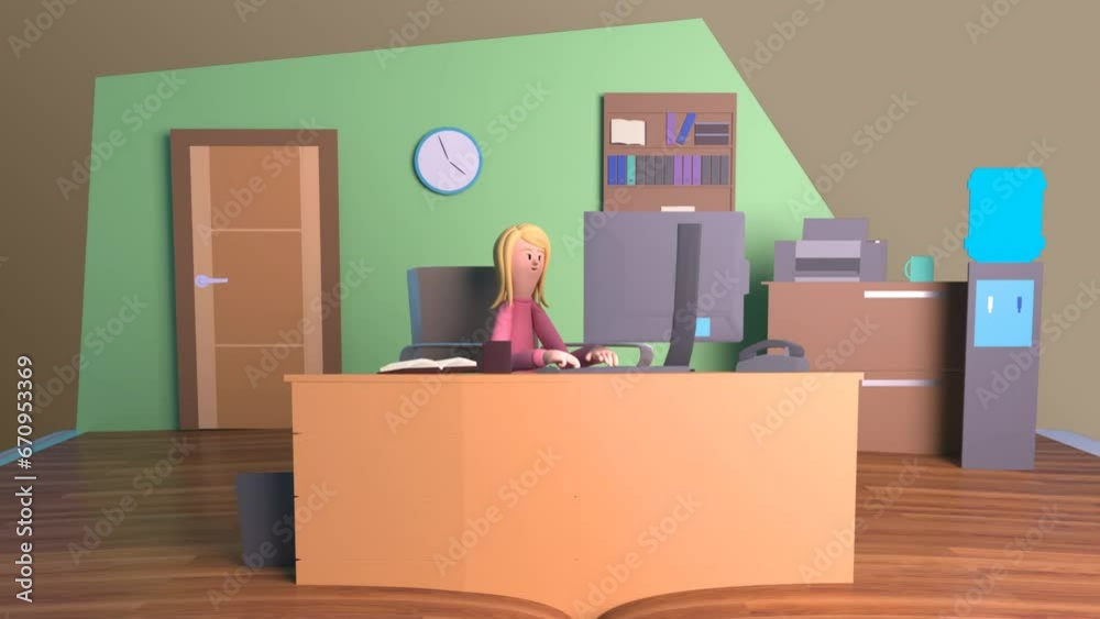3d Rendered Pop-Up Book Opens To Show Woman Working On Desktop Computer At Office In Transparent Background. 3d Rendered Pop-Up Book Opens To Show Woman Working On Desktop Computer At Office In Transparent Background.