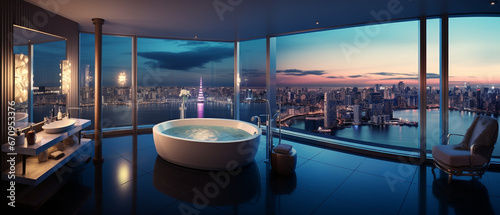 Modern luxury residence interior with panoramic night view, sunset © Alex