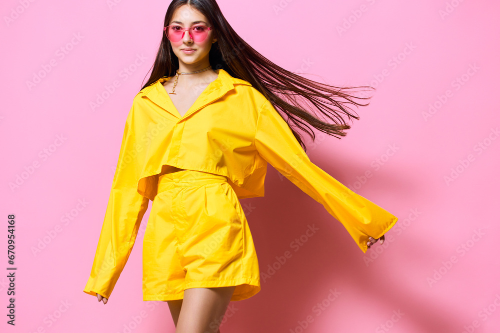 sunglasses woman trendy yellow isolated young fashion girl beautiful attractive lifestyle