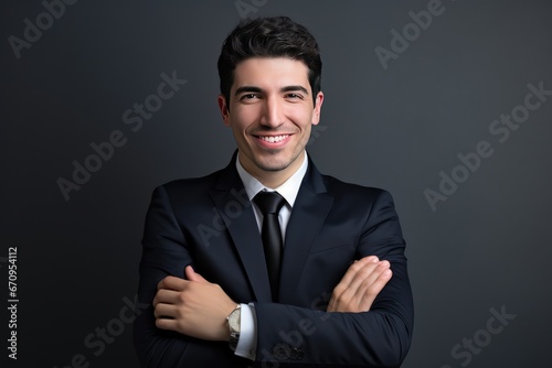 confident business leader portrait over dark grey background