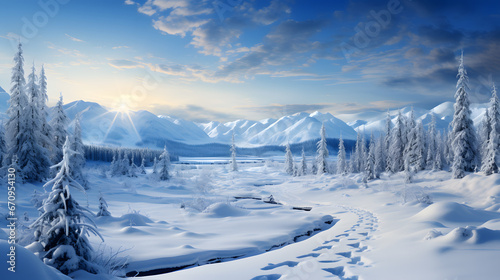 Experience the raw, untamed beauty of winter with this highly detailed banner featuring a wilderness blanketed in snow. It invites you to explore the epic landscapes of the season. © CanvasPixelDreams