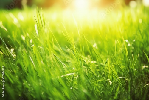 natural green grass field with morning sunlight