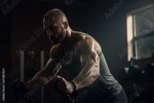 muscular and healthy sportsman working out at gym