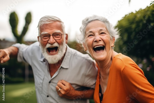 joyful and smiling old couple enjoying retirement days