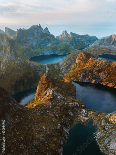 Lakes and mountains landscape in Norway aerial view travel Lofoten islands beautiful destinations scenery scandinavian northern nature