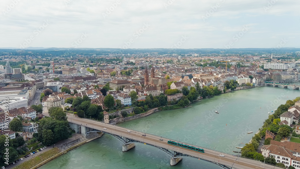 Basel, Switzerland. Basel Cathedral. Basel is a city on the Rhine River in northwestern Switzerland, near the borders with France and Germany, Aerial View