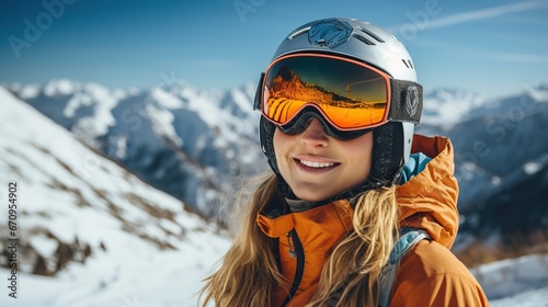 snowboarder girl in helmet and orange goggles on background of snowy mountains.