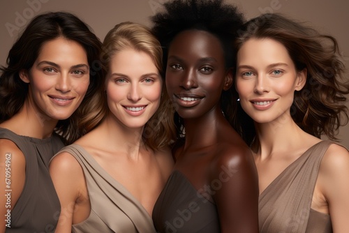 Four Happy Diverse Women Multicultural Friends in Bright Dresses Smiling at Camera, Beige Background