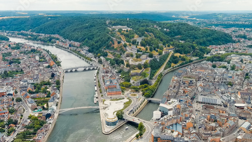 Namur, Belgium. Citadelle de Namur - 10th-century fortress with a park, rebuilt several times. Panorama of the central part of the city. River Meuse. Summer day, Aerial View photo