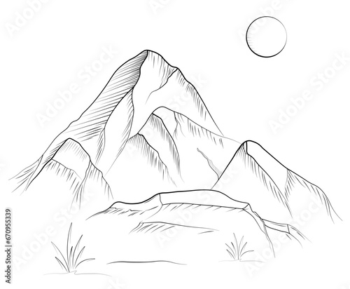 Landscape mountain and moon. Hand drawn vector stock illustration. Isolated on a white background. Perfect for banner, poster and sticker design.