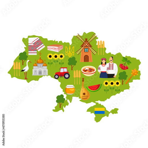 Ukraine map and elements set. National symbols - flag, embroidery, viburnum, church, windmill, bandura, trident, wheat