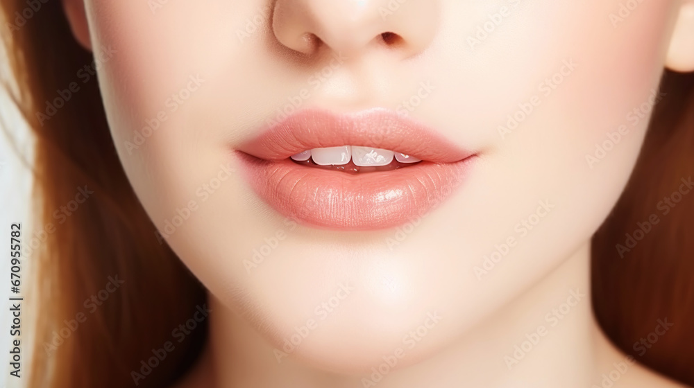 Closeup of beautiful smile of young woman with healthy white teeth. Healthcare concept. Generative AI Closeup of beautiful smile of young woman with healthy white teeth. Healthcare concept. Generative AI