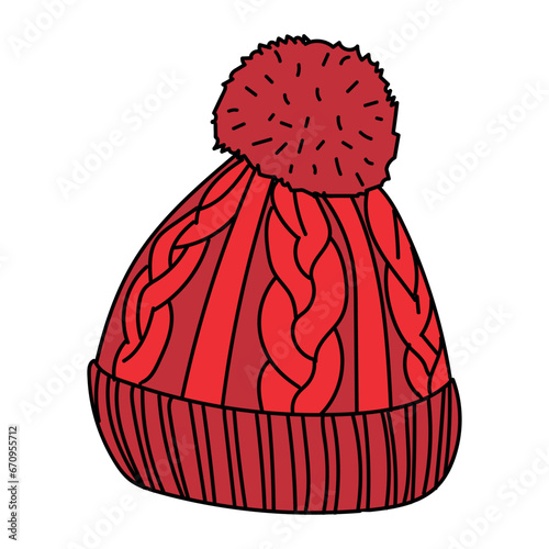 Winter red knitted hat with bombon. Design element of postcards, banners, sticker