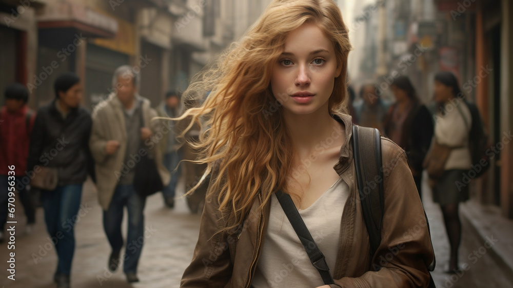 young blonde woman walking in the street