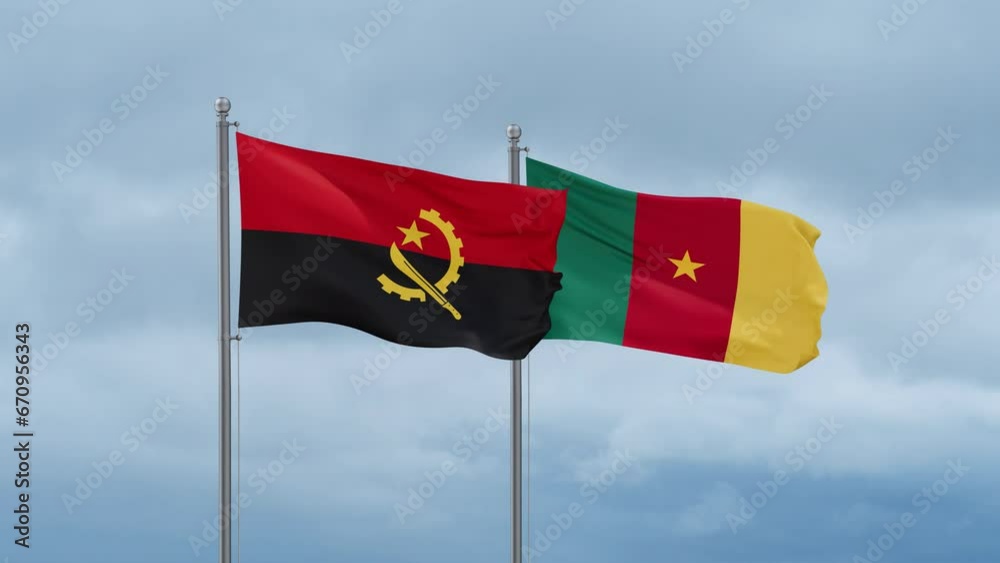 Cameroon flag and Angola flag waving together on cloudy sky, endless seamless loop, two country relations concept Cameroon flag and Angola flag waving together on cloudy sky, endless seamless loop, two country relations concept
