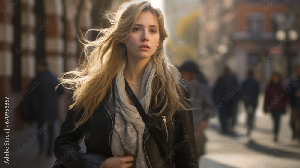 young blonde woman walking in the street