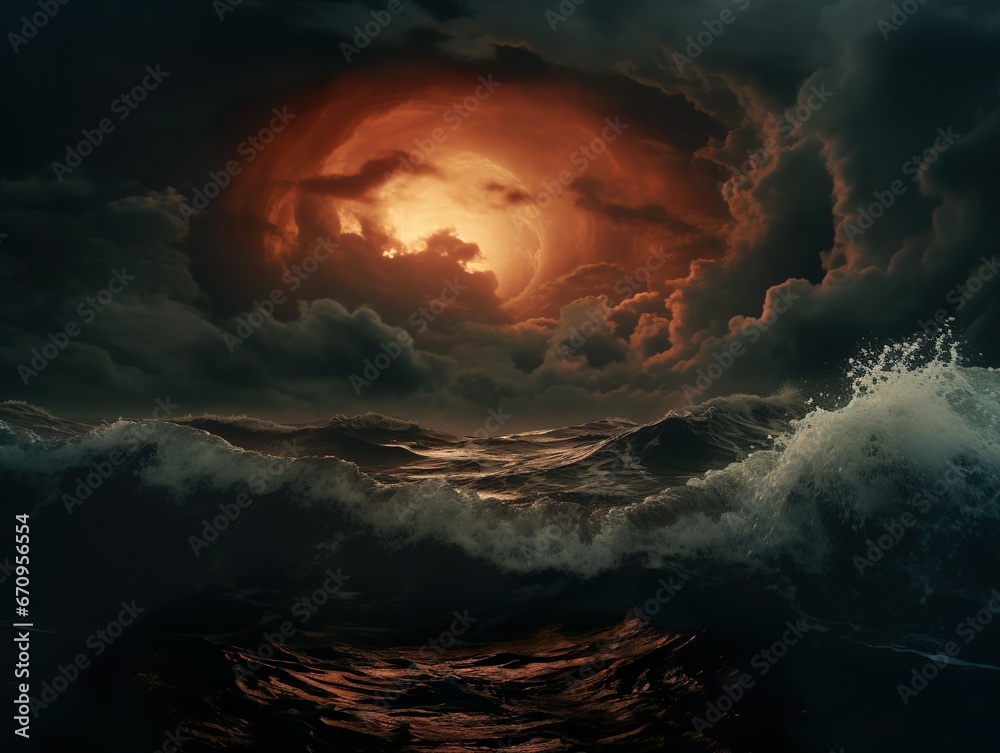Surrealistic view of a moon in the Ocean and a stormy sea
