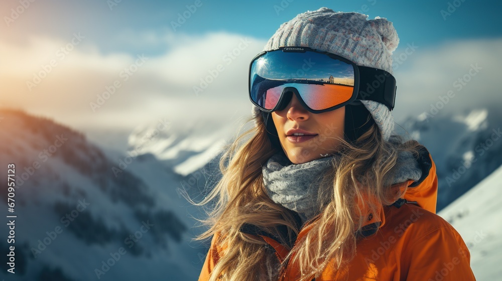 snowboarder girl in helmet and orange goggles on background of snowy mountains.