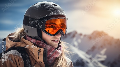 snowboarder girl in helmet and orange goggles on background of snowy mountains. © salahchoayb