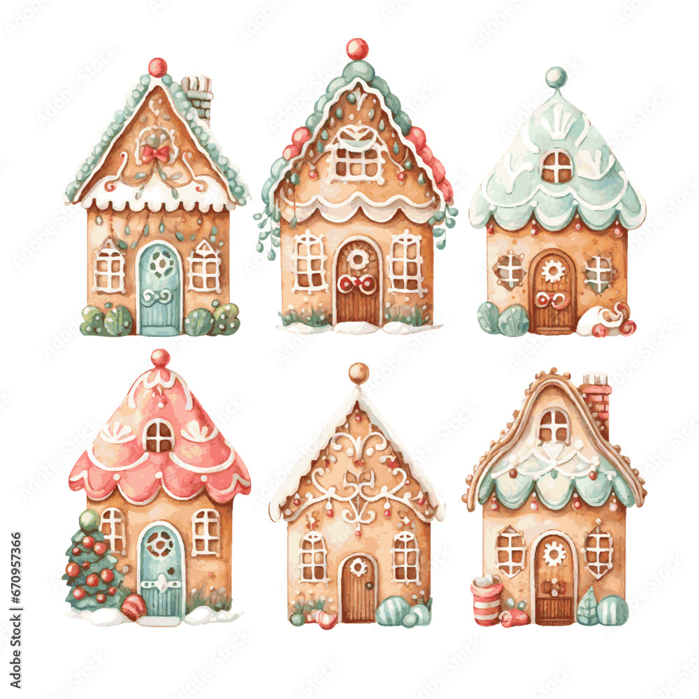 gingerbread house and cookies christmas ornament watercolor on white background
