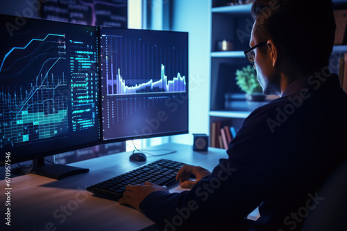 Male office worker browsing the internet on his computer in his workspace facing a virtual environment with big data, an artificial intelligence and it, computer Generative AI stock illustration