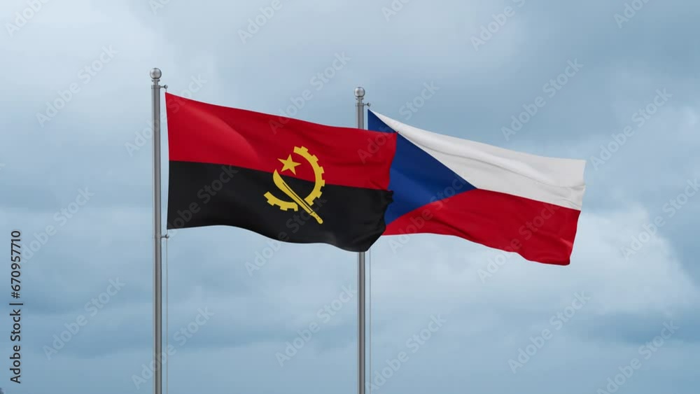 Czech Republic flag and Angola flag waving together on cloudy sky, endless seamless loop, two country relations concept
