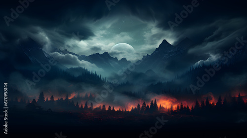 Fire in the forest in the mountains
