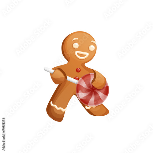 Gingerbread Man Character With Red and White Peppermint Lollipop Guitar In His Hands. Cheerful Bass Guitar Player Christmas Cookie. Traditional Sweet Xmas Ginger Biscuit.
