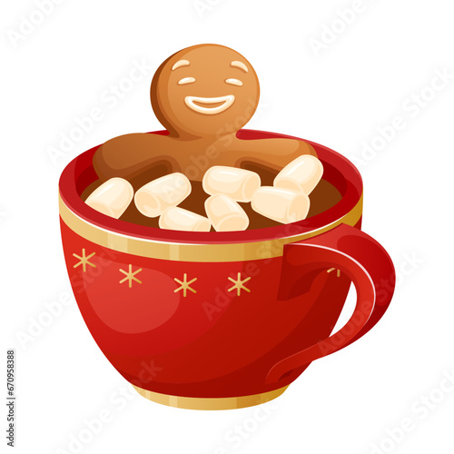 Gingerbread Man Character Relaxing In Cup Of Hot Cocoa With Marshmallow. Cozy Winter Homemade Hot Drink. Funny Christmas Cookie Taking A Bath In A Mug. Traditional Xmas Ginger Biscuit.