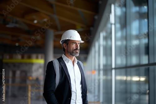 Engineer handsome man or architect looking forward with white safety helmet at construction site