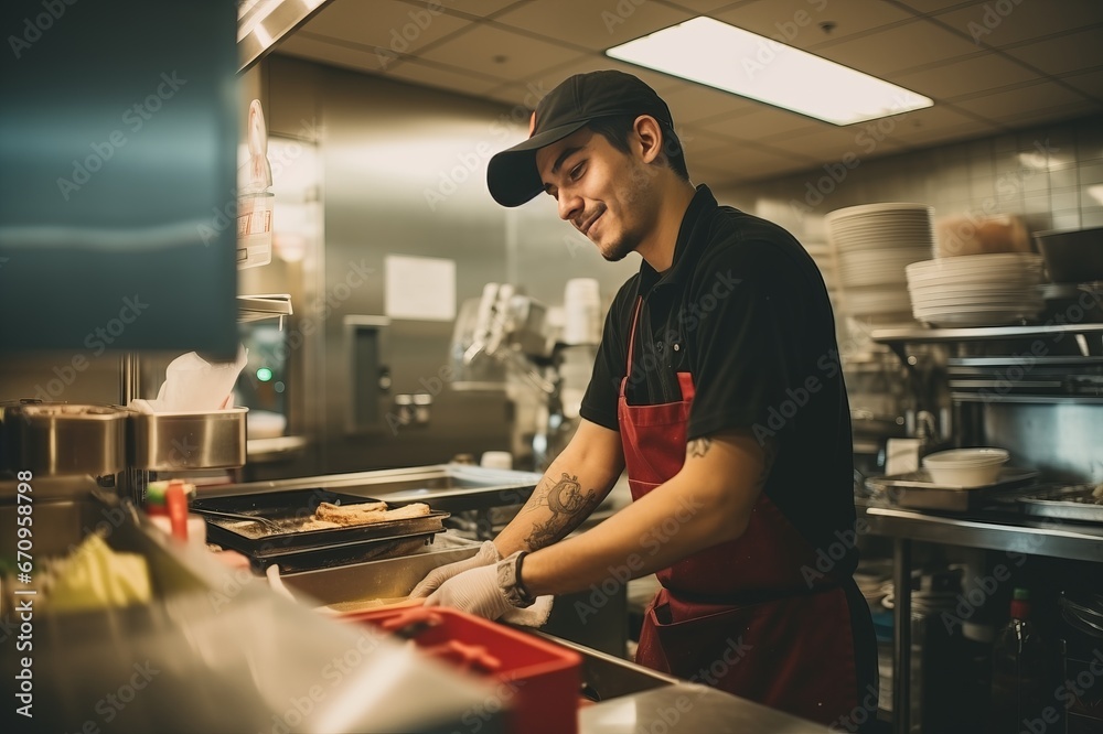 Male worker in fast food kitchen - obrazy, fototapety, plakaty 