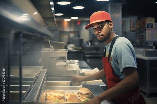 Male worker in fast food kitchen photo