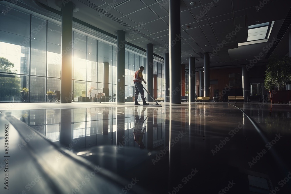 Worker cleaning hall floor of office building at day Worker cleaning hall floor of office building at day