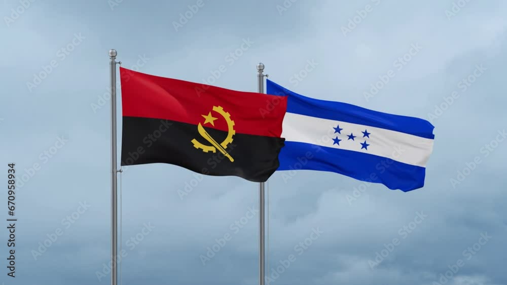 Honduras flag and Angola flag waving together on cloudy sky, endless seamless loop, two country relations concept Honduras flag and Angola flag waving together on cloudy sky, endless seamless loop, two country relations concept