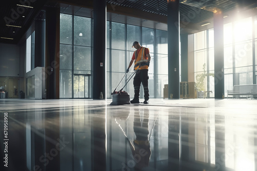 Worker cleaning hall floor of office building at day photo