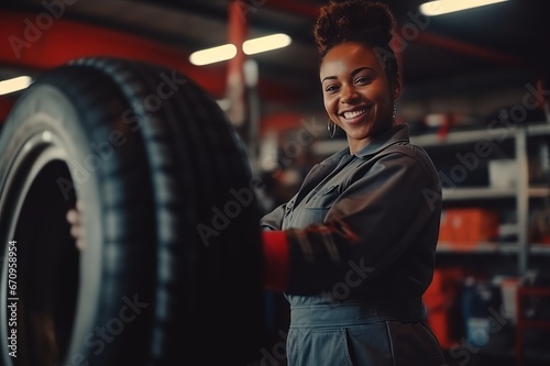 Young afro american female mechanic adjusting the tire at workshop