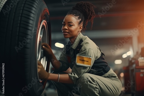 Young afro american female mechanic adjusting the tire at workshop © andrew_shots