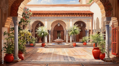 Fotografia Moroccan Riad (2): Watercolor and ink on textured paper, eclectic and vibrant de
