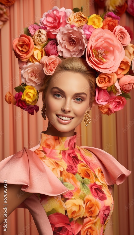 Smiling Fashion Woman. Happy Portrait with Floral Bouquet and Dress, Radiating Elegance and Joy