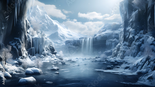 Fotografia Admire an epic winter wonderland surrounding a frozen waterfall