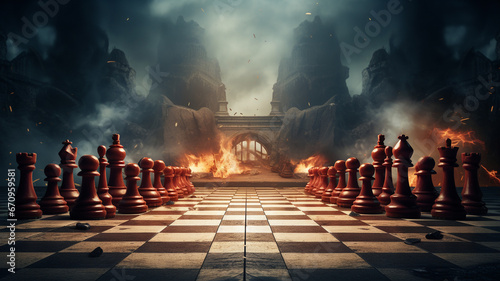 chess board game with pieces and fire on the background photo