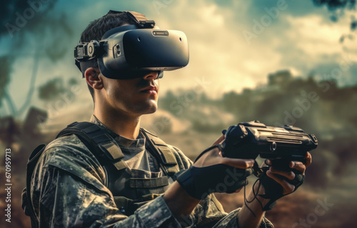 Soldier controlling fpv quadcopter drone, wearing a VR headset, modern future virtual reality warfare photo