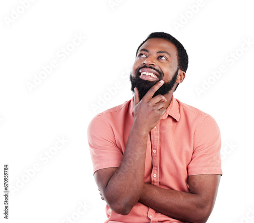 Foto Thinking, creative vision and a black man brainstorming, ideas and a choice