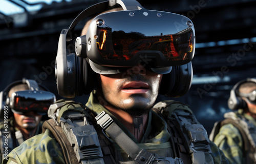 soldier wearing virtual reality glasses. Military and technology concept.